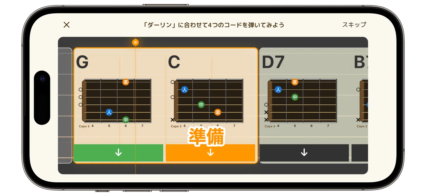 曲に合わせてコードを弾く実際の通し練習画面